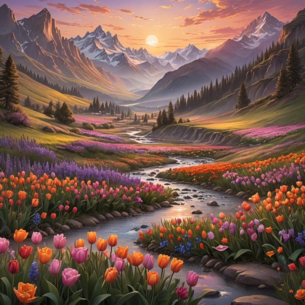Dreamy Valley Landscape at Sunset: Fantasy Concept Art