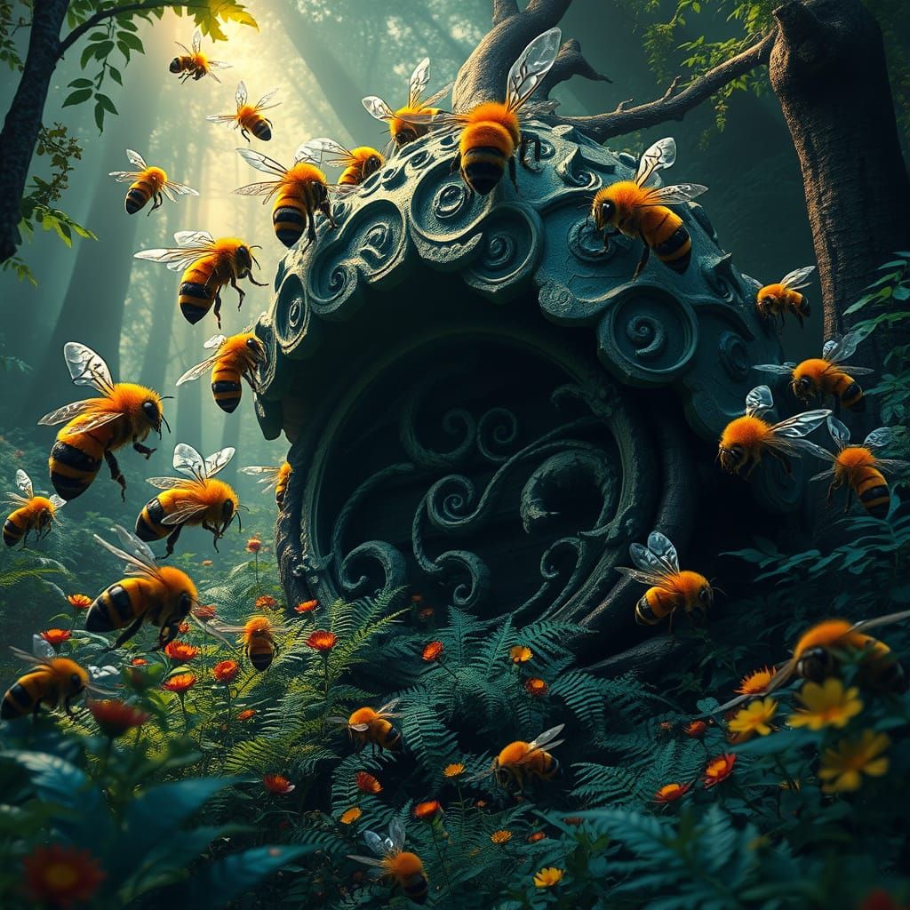 Mystical Forest Bees in Vibrant Harmony