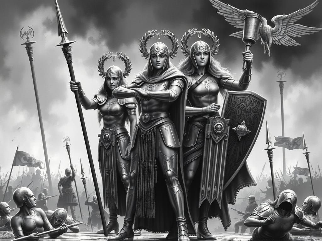 Triumphant Female Warriors in Dramatic Charcoal Style
