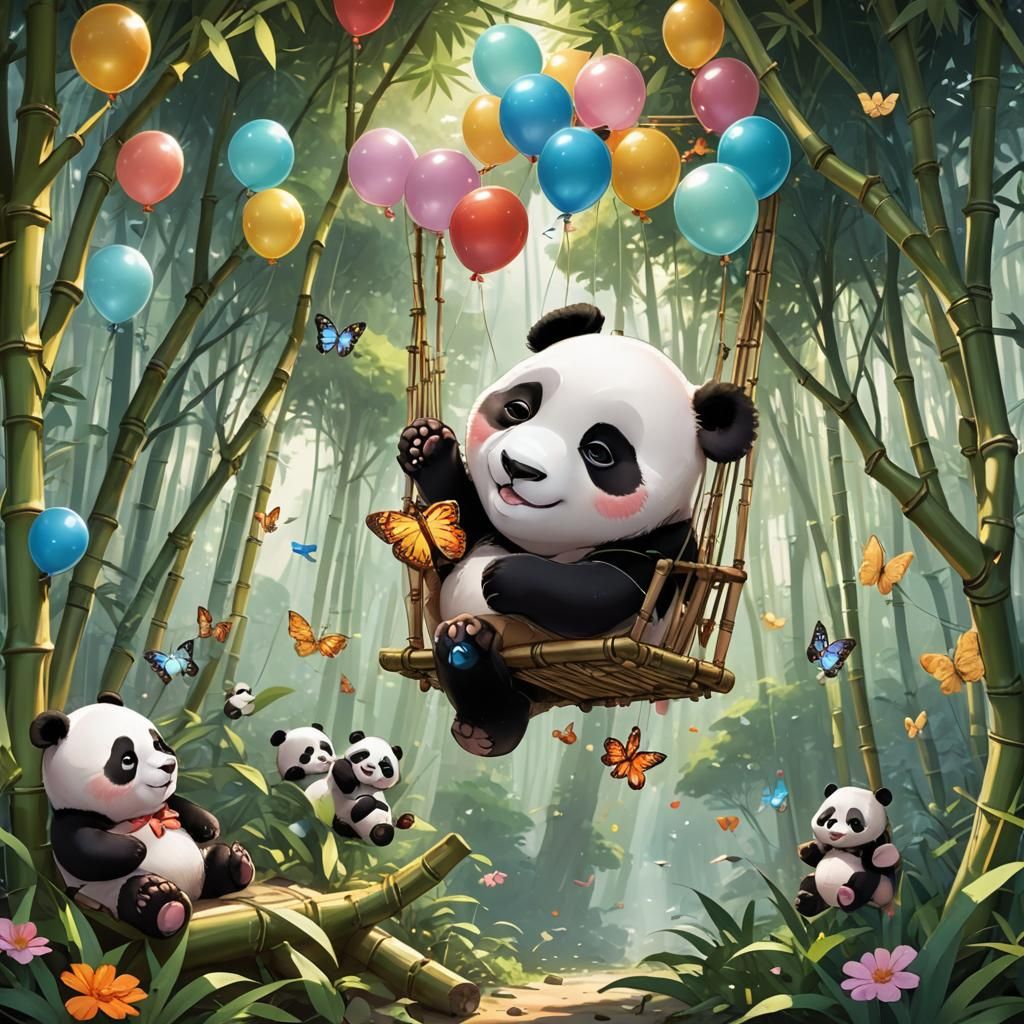 Baby Panda Dream in Anime Style Bamboo Forest