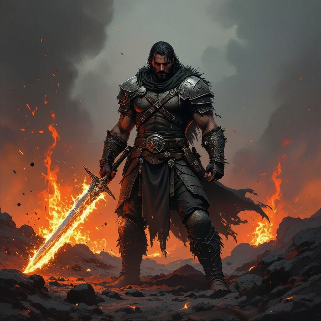 Volcanic Warrior with Flaming Sword in Dark Fantasy Style