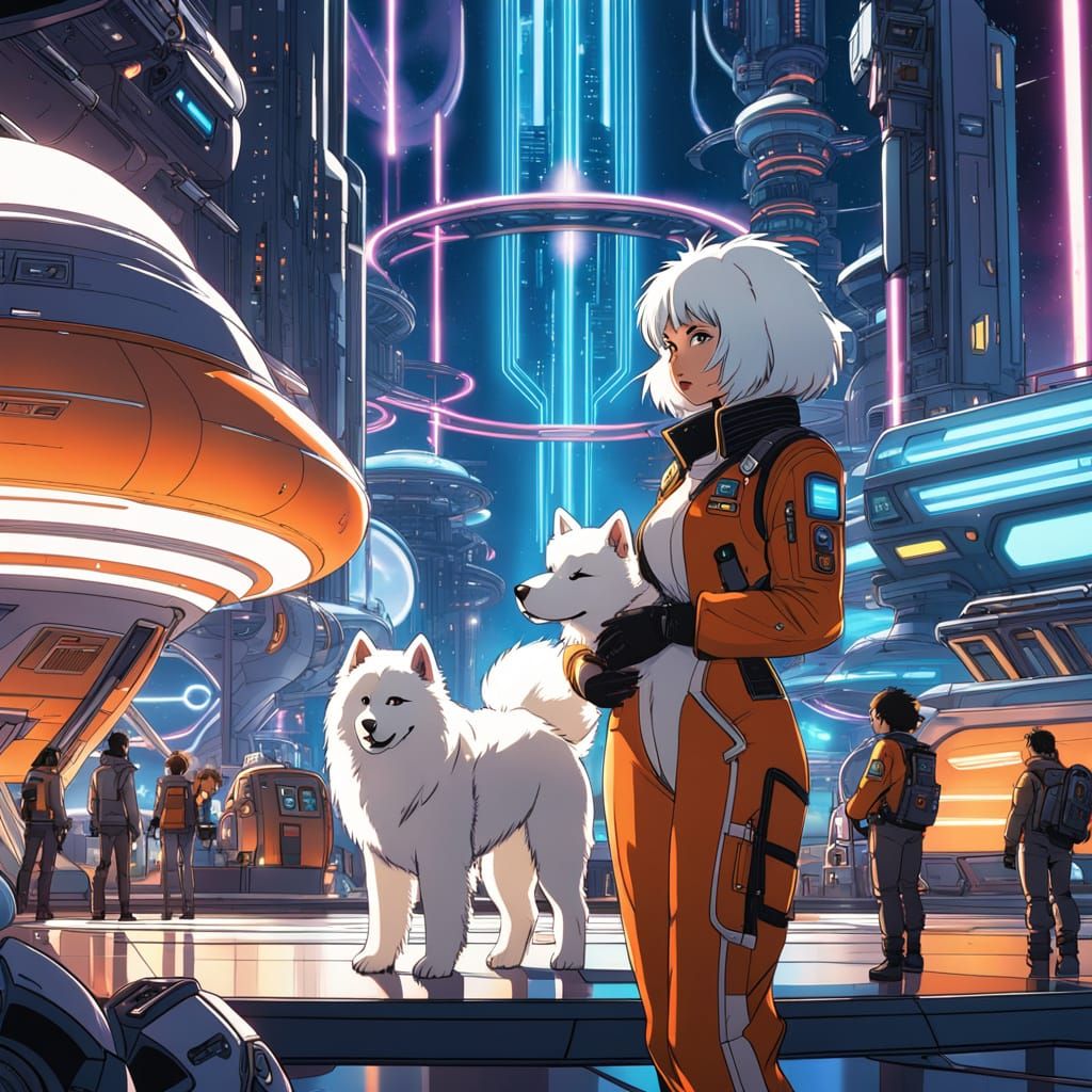 Woman and Samoyed in Futuristic Spaceport, Anime Style