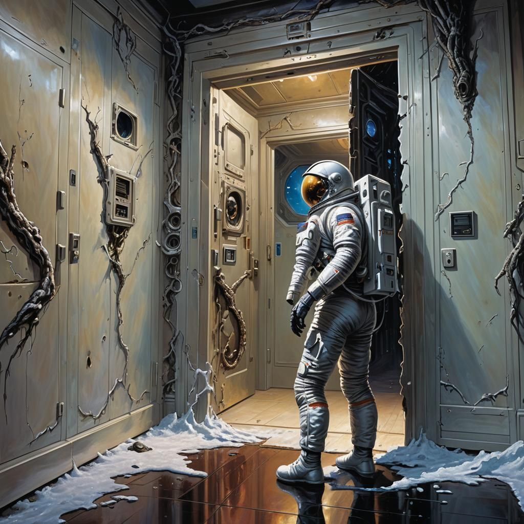 Astronaut's Shock in Sci-Fi Horror Corridor