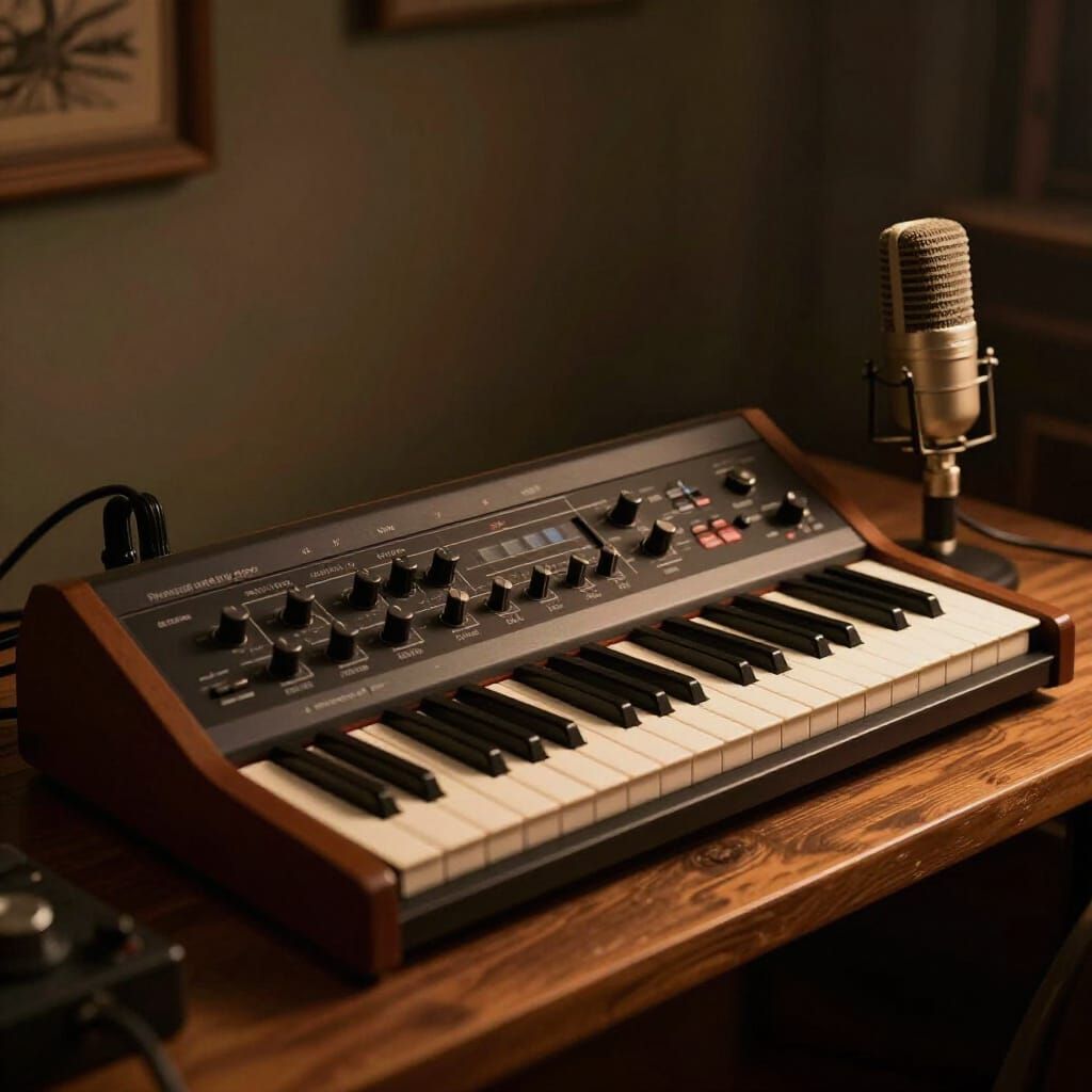 Vintage Synthesizer and Microphone in Moody Studio Lighting