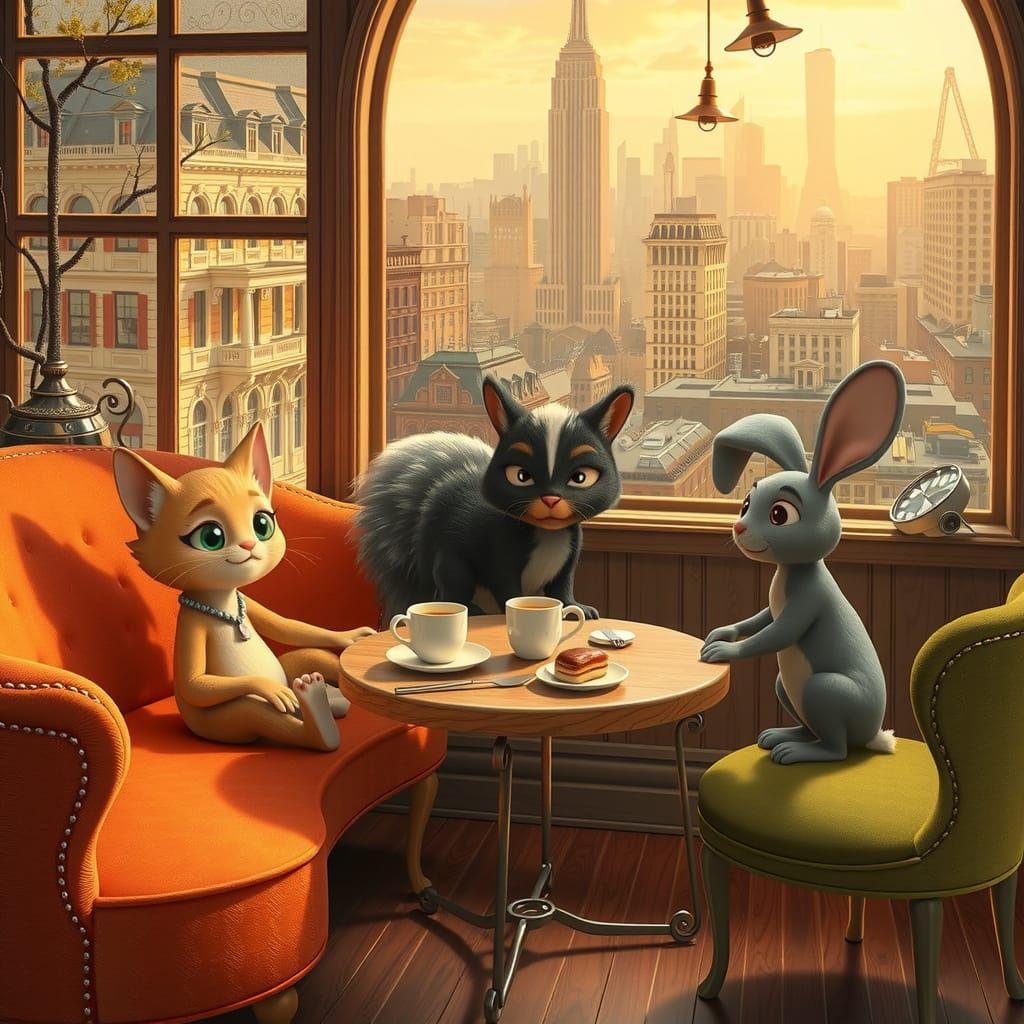 Charming Cartoon Animals Enjoying Coffee in New York City