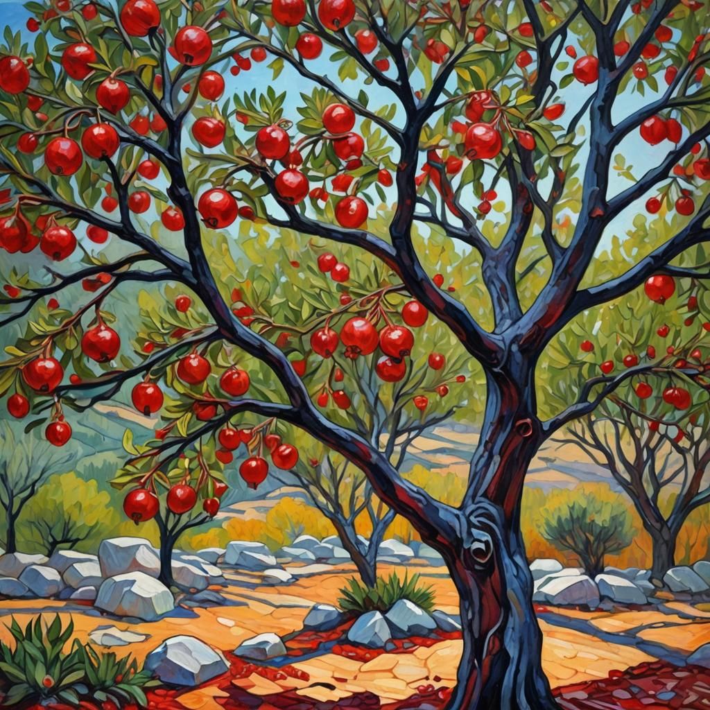 Neo-Impressionistic Syracuse Landscape with Pomegranate Tree...