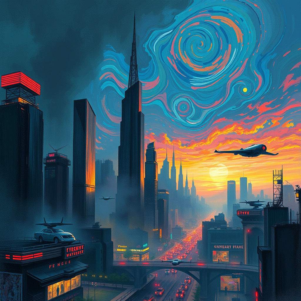 Cyberpunk Metropolis Meets Starry Night: AI Art