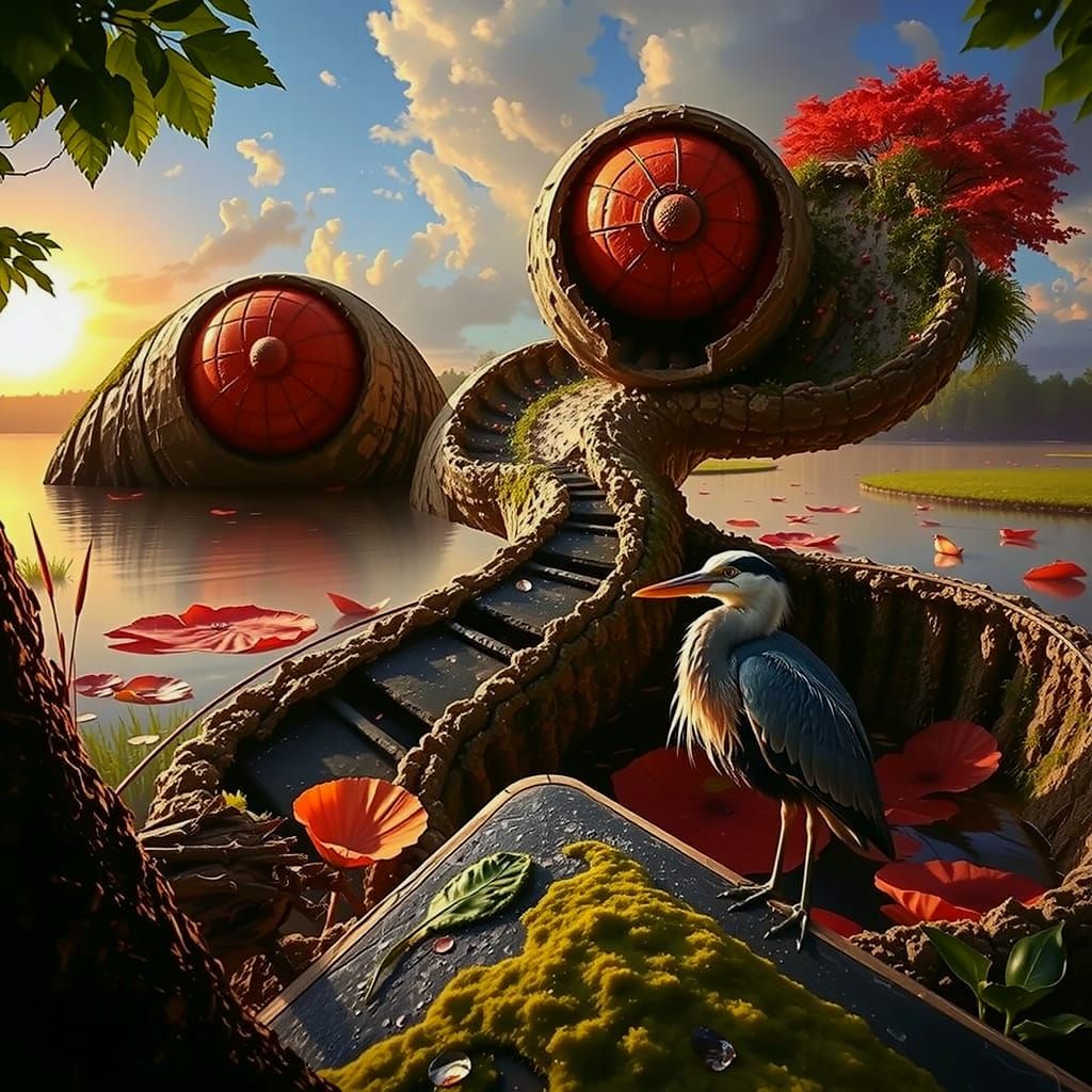 Hyperrealistic River Delta at Sunset with Heron