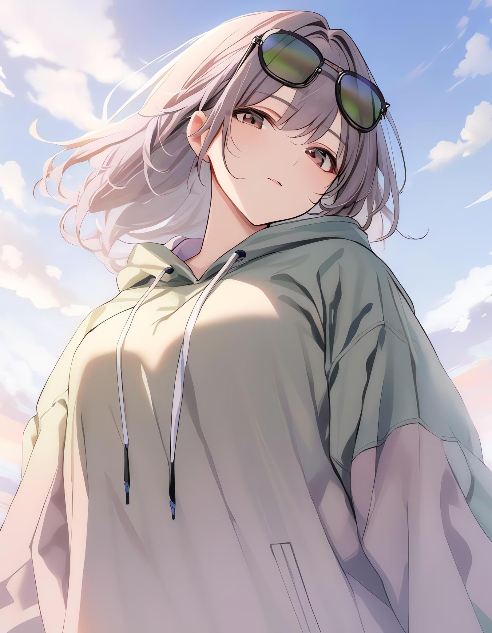 Girl in Green Hoodie with Gray Hair