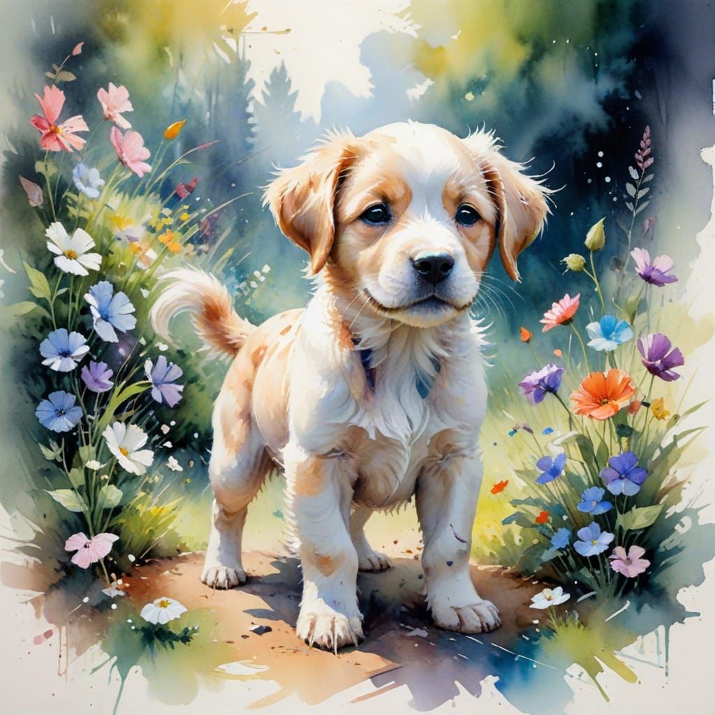 Surreal Whimsy Garden Scene with Cuddly Puppy