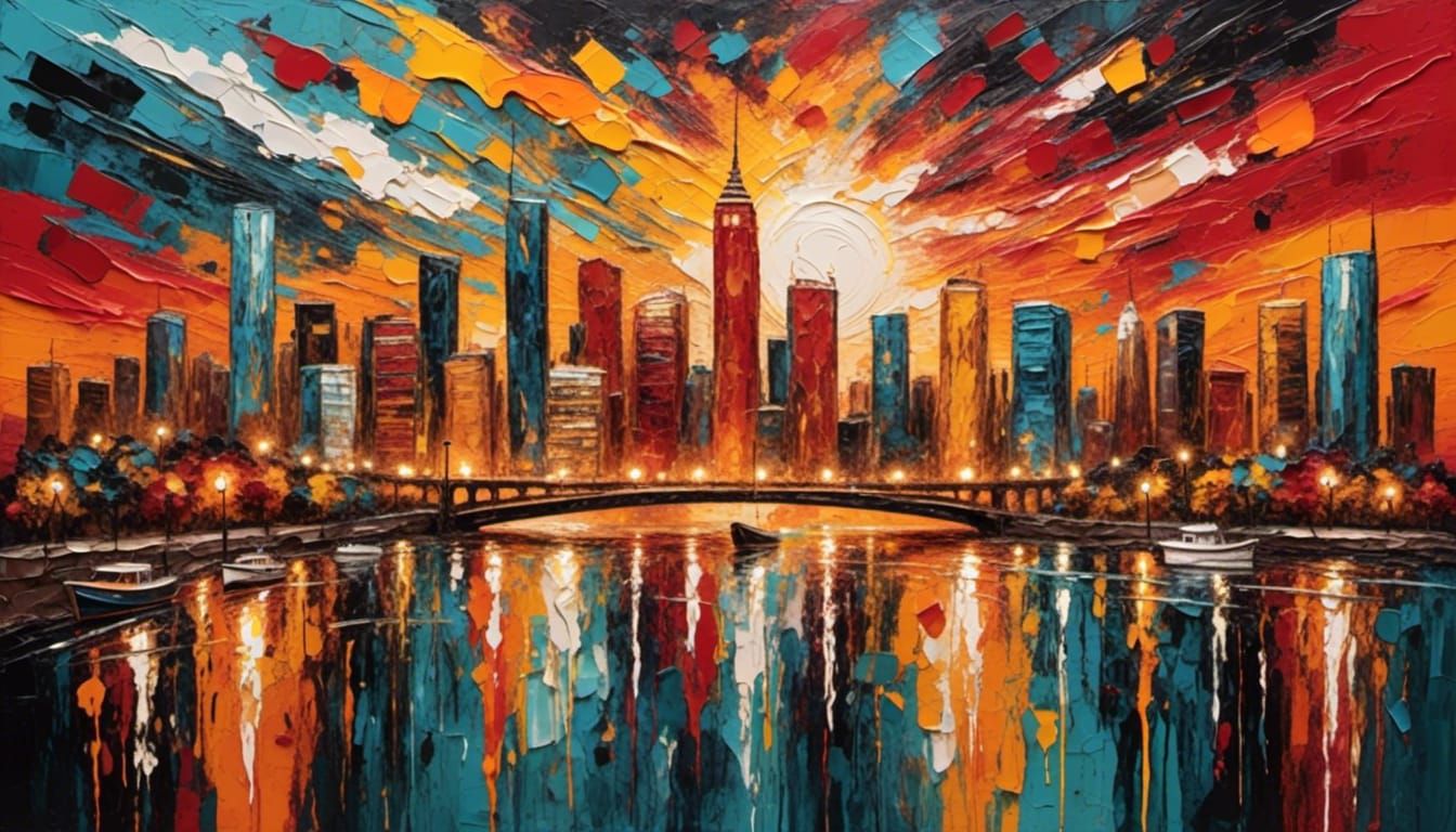 Glowing River Cityscape at Sunset in Watercolor Style