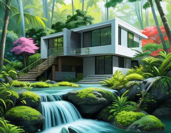 Modern House on Waterfall in Tropical Forest