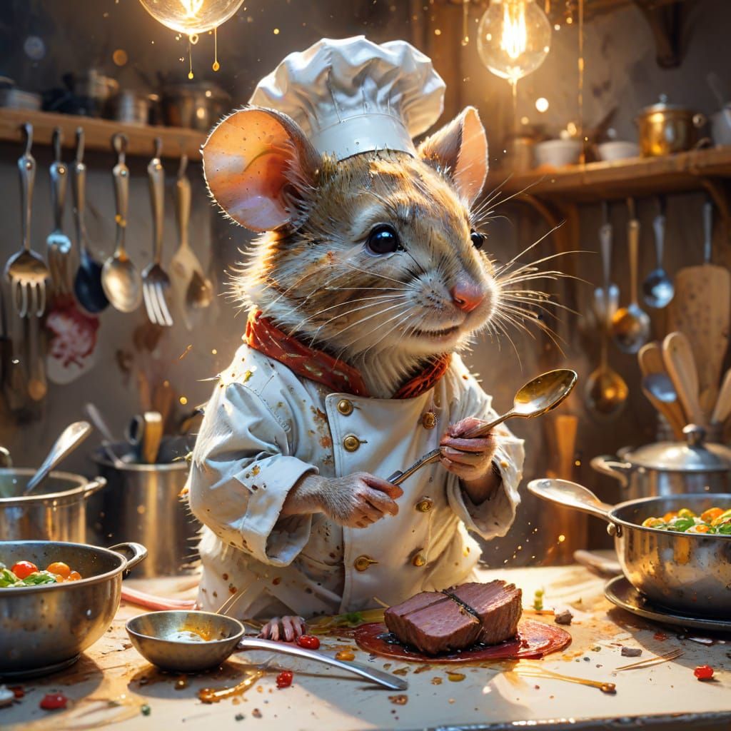 Adorable Mouse Chef in Kitchen Watercolor Illustration