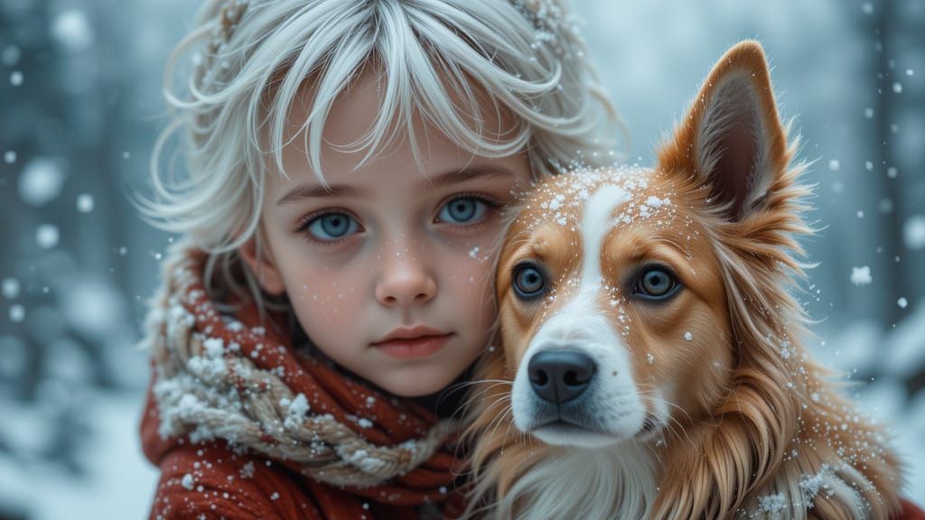 Child and Faithful Dog in Snowy Storm, in the Style of Ivan....