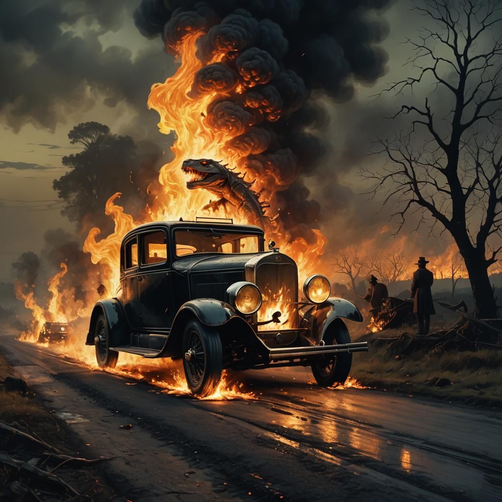 Burning Vintage Car and Snakeman in Dark Fantasy Style
