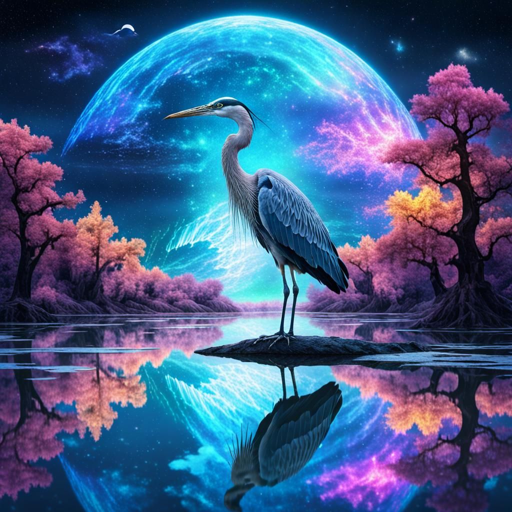 Mystical Heron in Ancient Lake: Cosmic Illustration