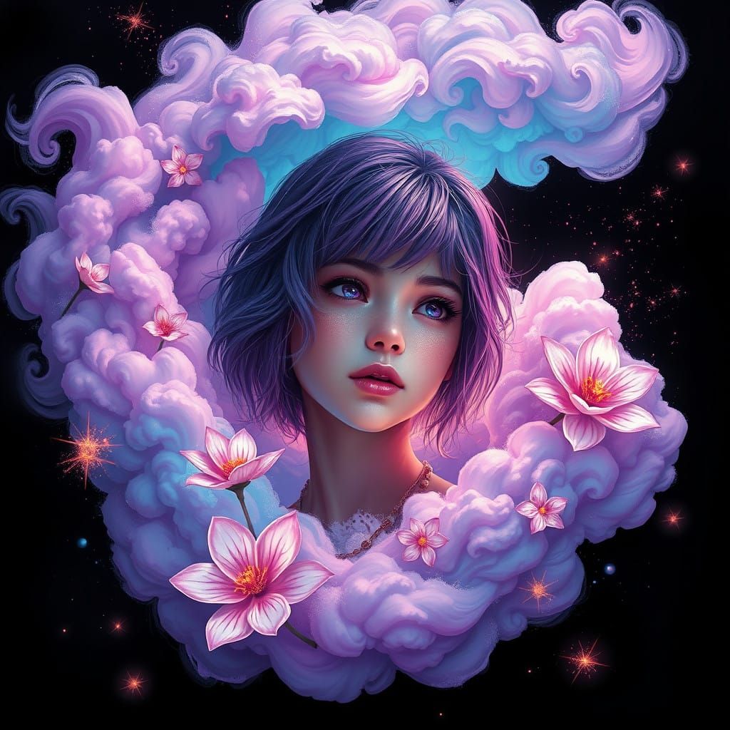 Whimsical Emo Goddess in Vibrant, Swirling Clouds
