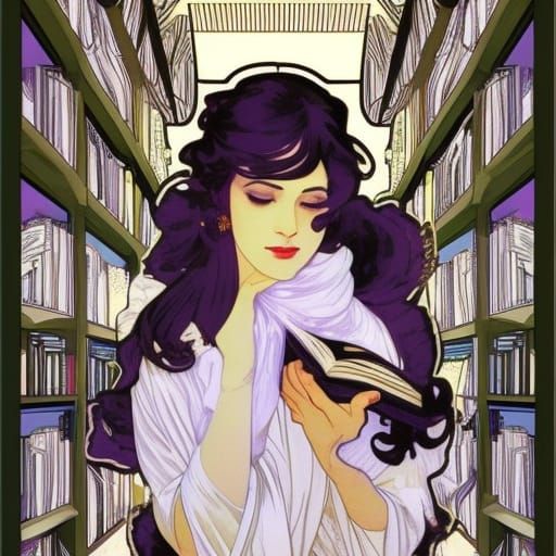 Woman with Purple Hair Reads: Art Nouveau Portrait