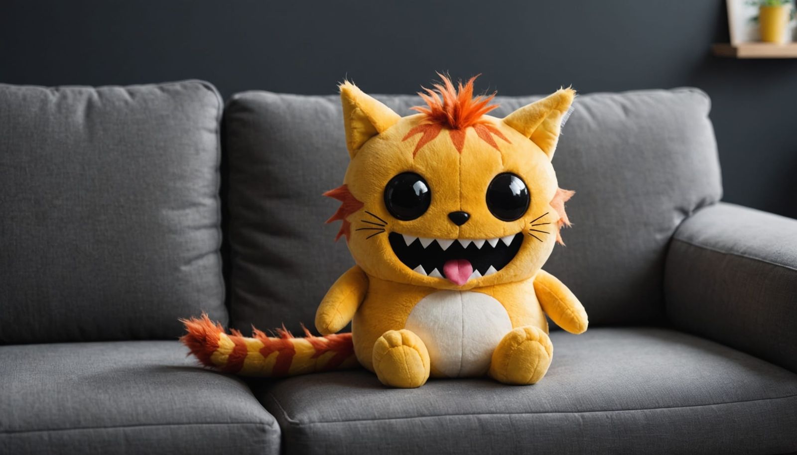 Cute Monster Plush Toy Sits on Luxurious Sofa with a Feline ...
