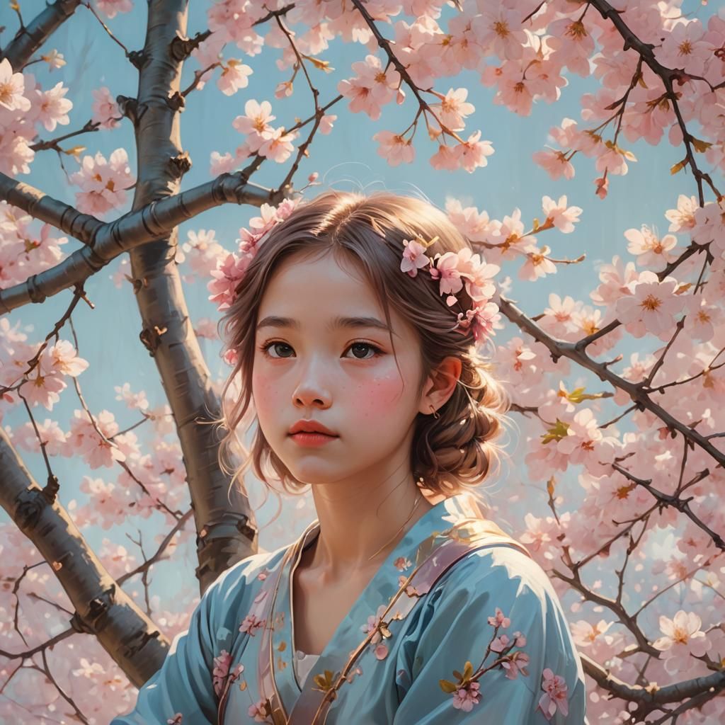 Girl Under Cherry Trees: Whimsical Oil Painting
