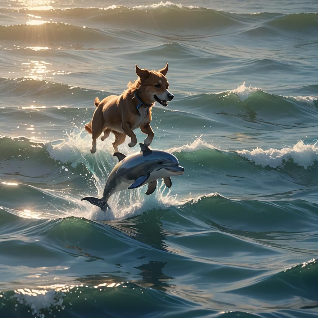 Dog Rides Dolphin in Anime-Style 3D Animation