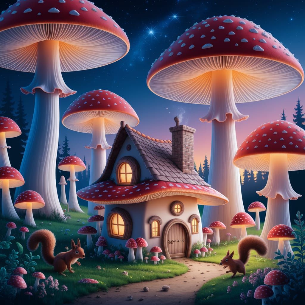 Twilight Wonderland with Mushroom House and Starry Sky