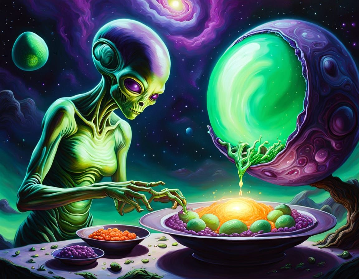 Cosmic Mother's Tender Moment in Vibrant Oil Painting