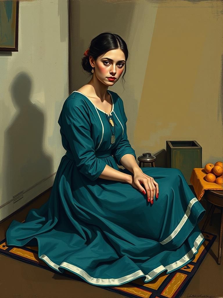 Woman in Blue-Green Dress, Picasso-Inspired Portrait