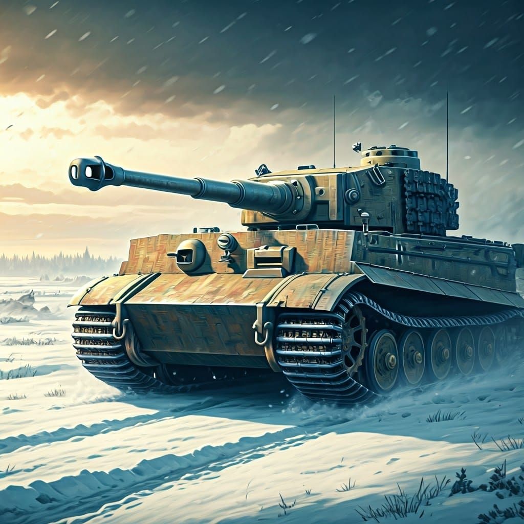 Tiger Tank on Frosty Battlefield as Renaissance Oil Painting