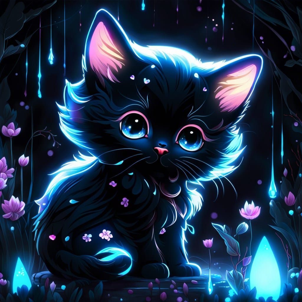 Fluffy Quantum Kitten in Bioluminescent Dahlia Garden