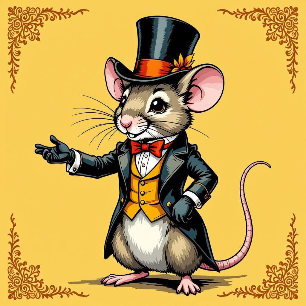 Whimsical Mouse in Top Hat, Hand-Drawn Style