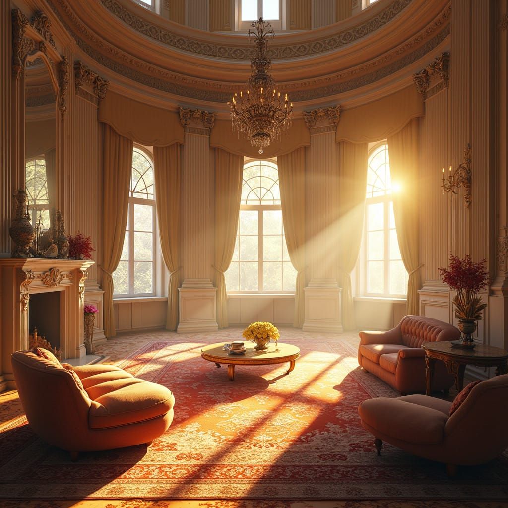 Lavish Living Room Bathed in Golden Light