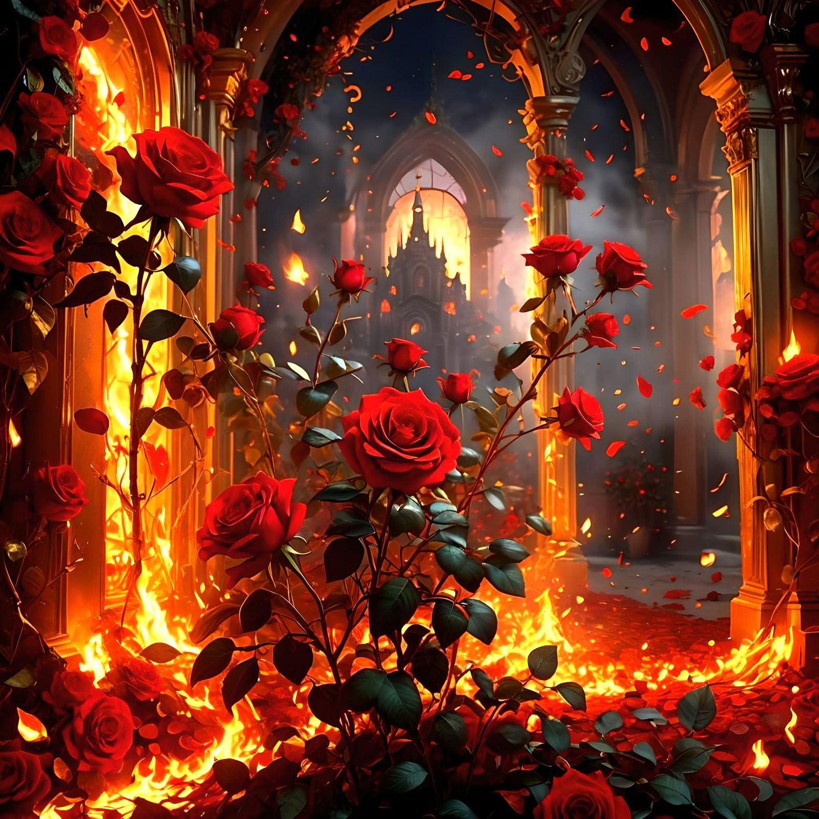 Burning Rose Garden in Scarlet Room: Fantasy Art