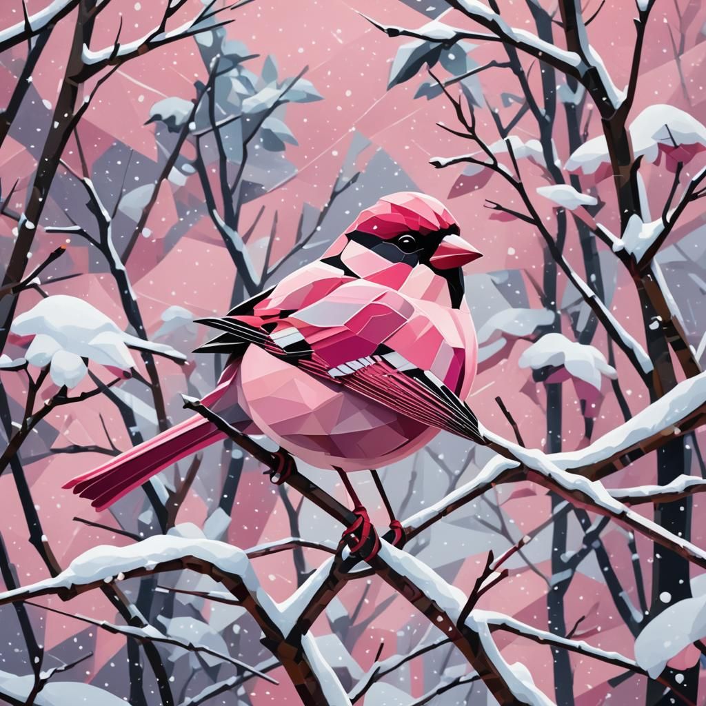 Pink Sparrow in Snow: Cubist Art Deco Painting