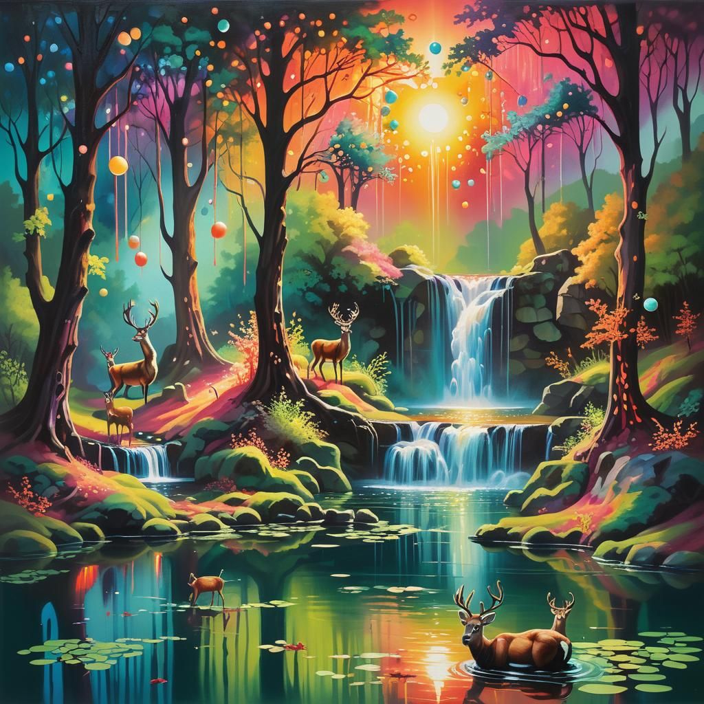 Surreal Oil Painting: Deers at a Waterfall Pond