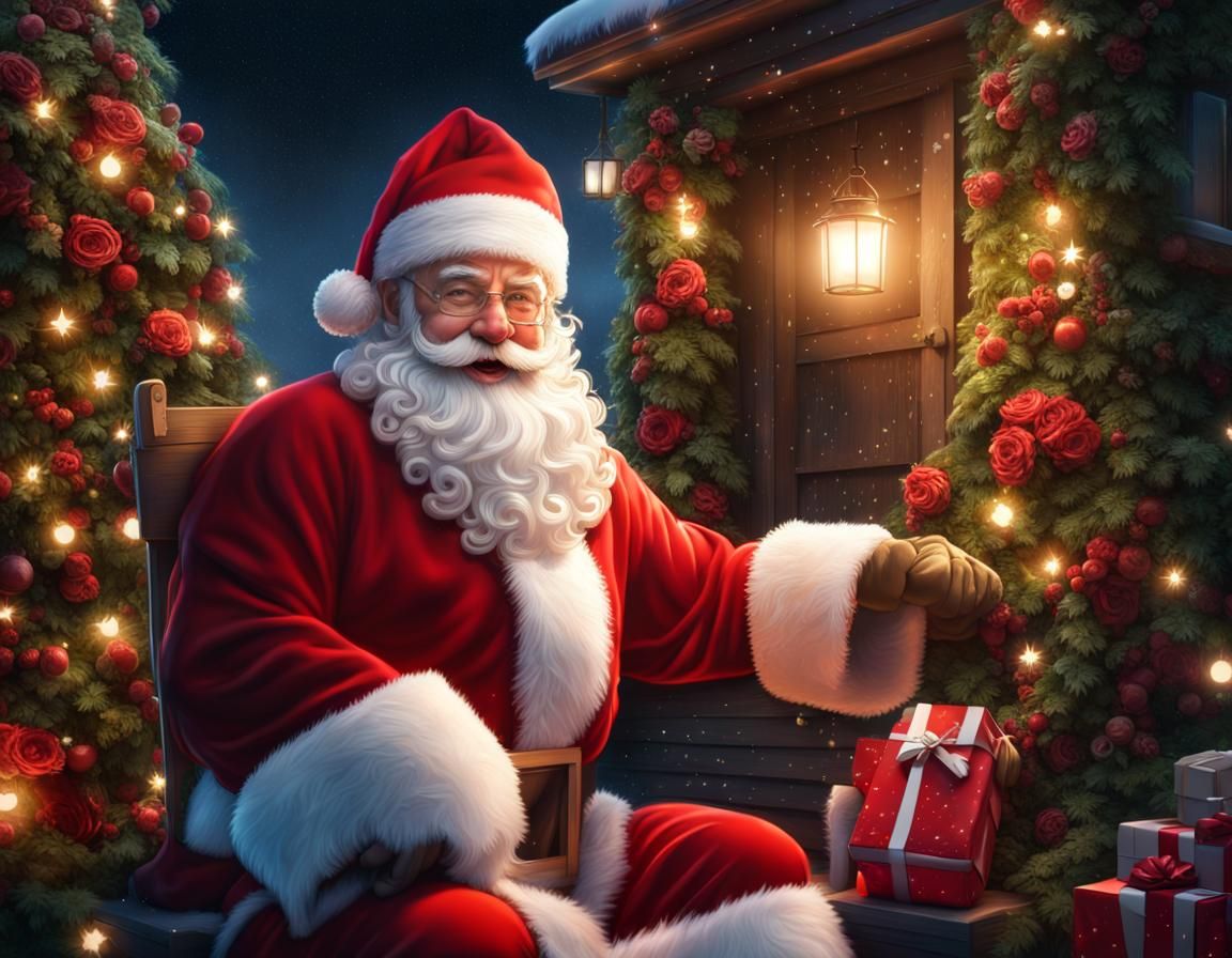 Festive Portrait of Santa Claus in Christmas Wreath