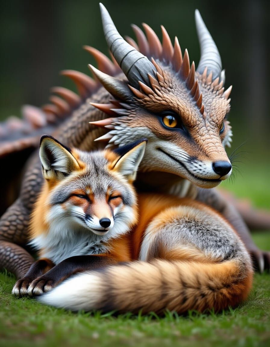 Fox and Dragon Resting Peacefully in Hypermaximalist Style