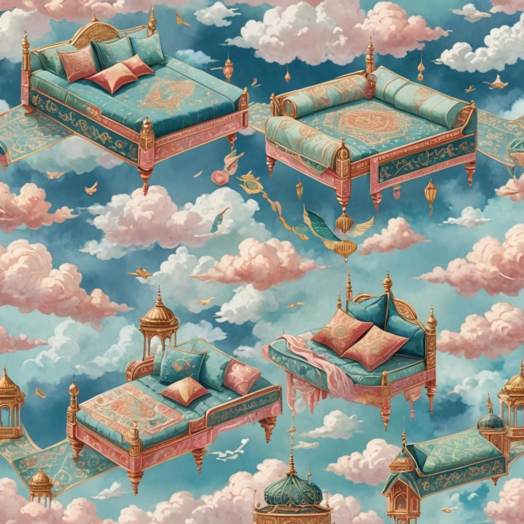 Magical Flying Carpet with Pillows in Anime Style