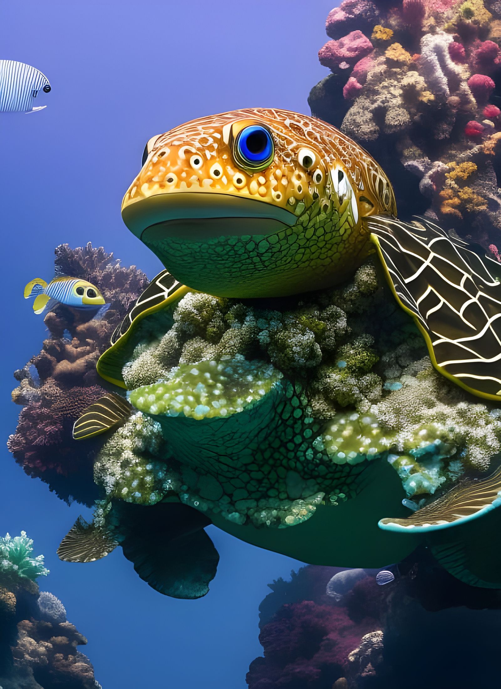 Royal Giant Turtle in Scuba Suit: Underwater Portrait