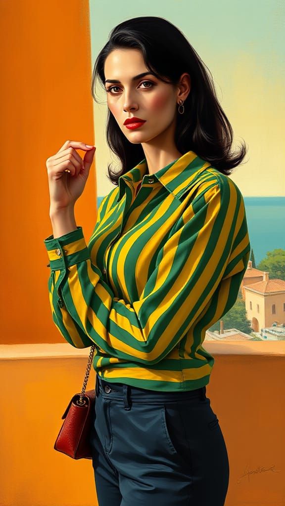 Elegant Italian Woman in Sun-Drenched Mediterranean Landscap...