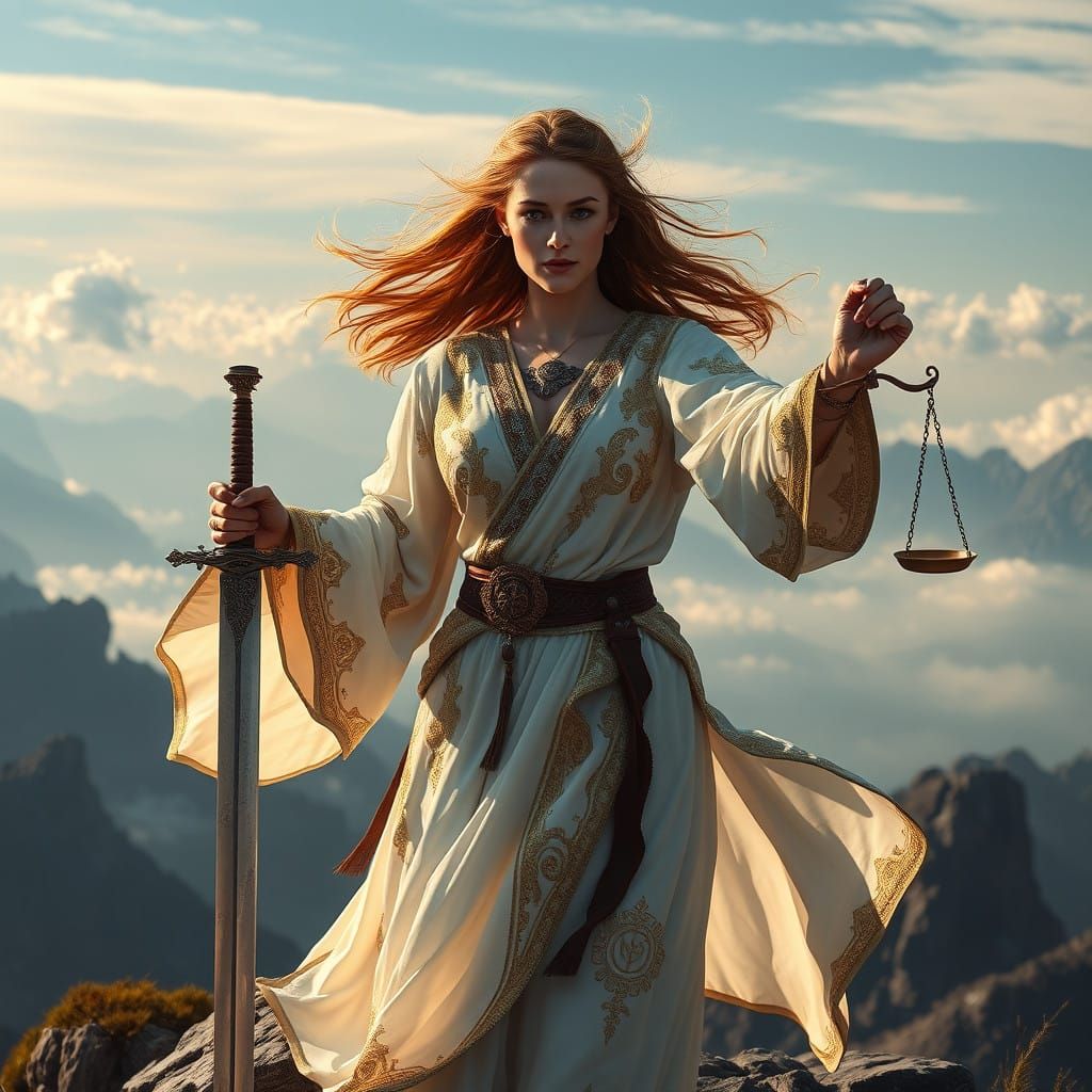 Heroic Woman Embodies Justice on a Mountain Peak