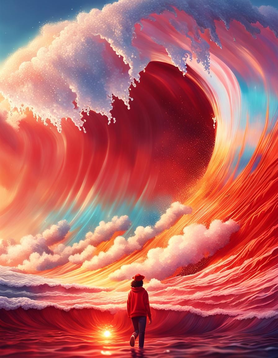 Woman in Red Cap Stands in Red Ocean Wave