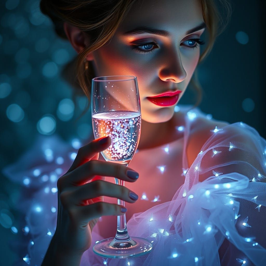 Ethereal Woman in Firefly Gown with Shimmering Champagne