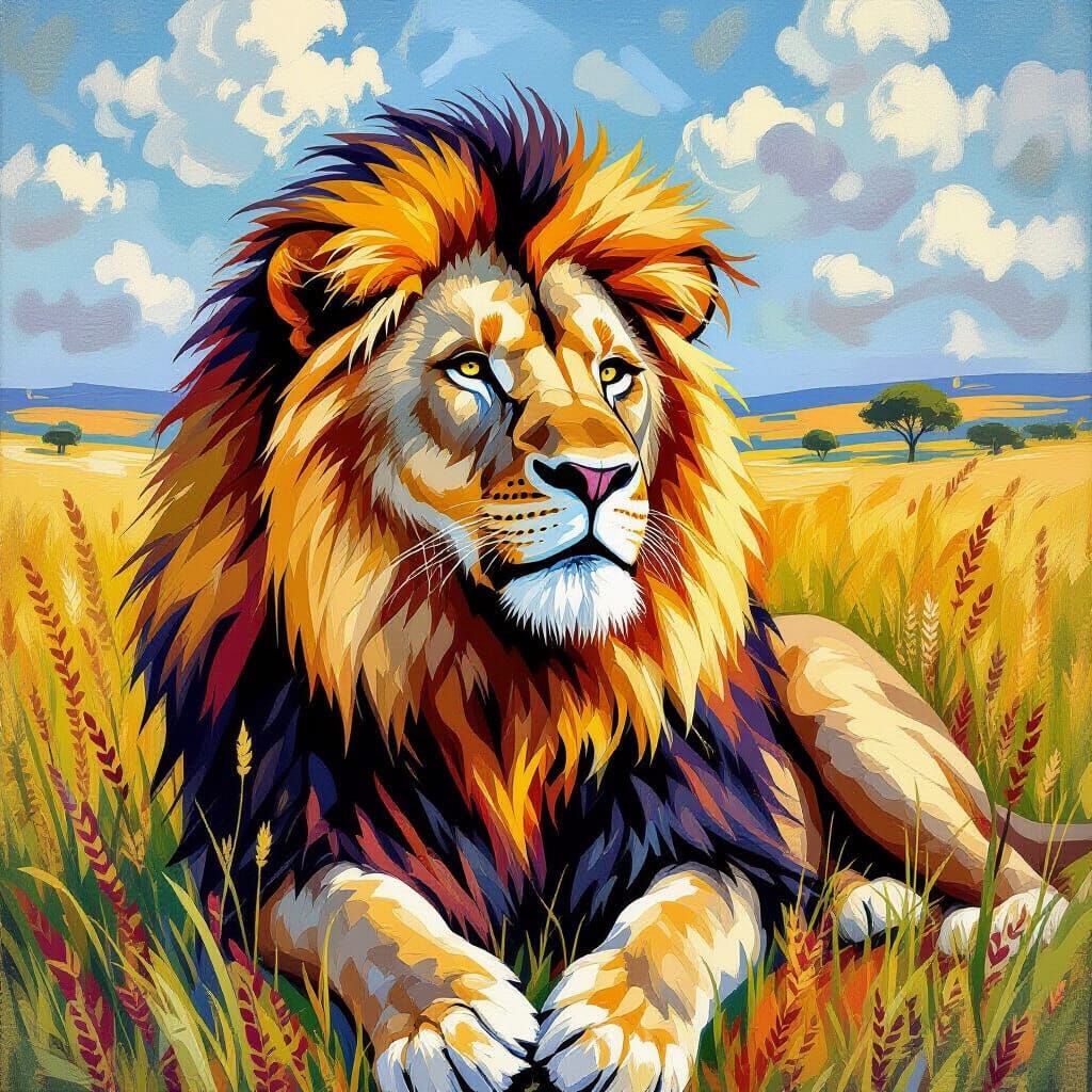 Majestic Lion in Pointillist Savannah Landscape