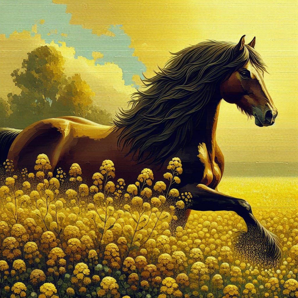 Majestic Brown Horse Runs Through Wildflowers