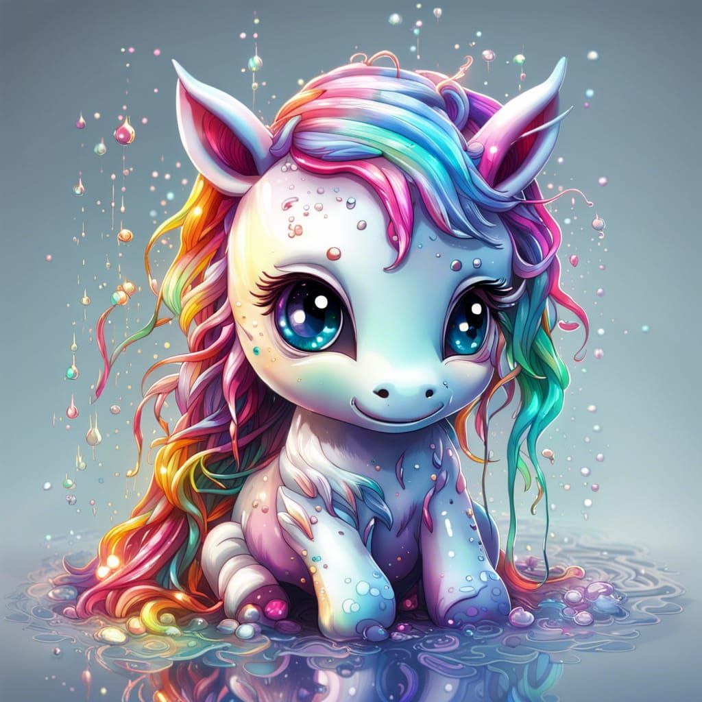 Rainbow Unicorn Cub in Rain, Digital Art