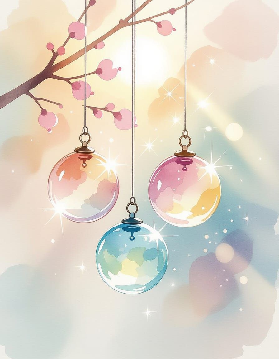 Pastel Japanese Sea Glass Wind Chimes Watercolor Illustratio...