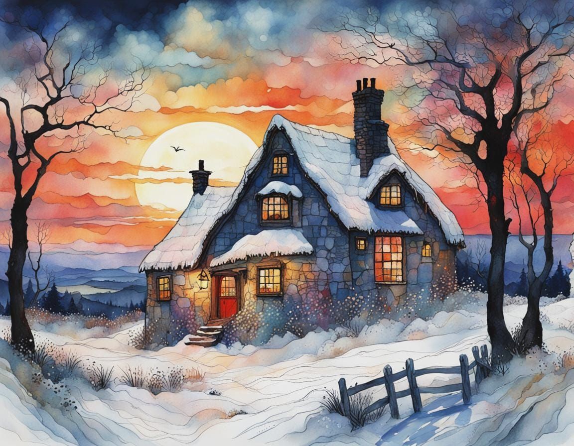 English stone cottage in winter