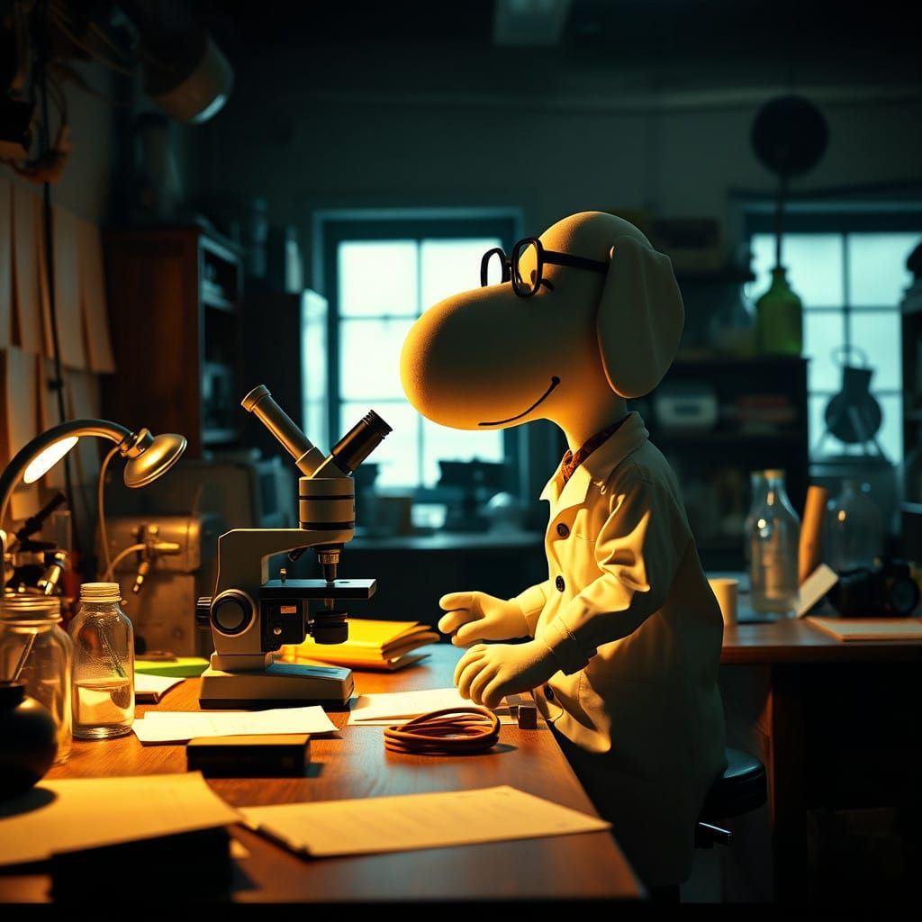 Snoopy as 1950s Lab Innovator in Cinematic Style
