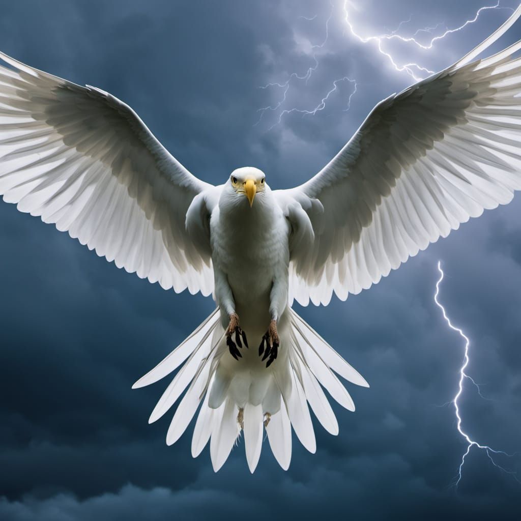 Enormous White Bird in Stormy Sky with Lightning